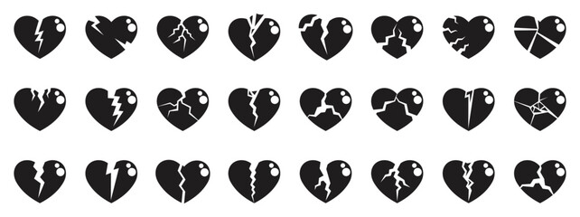 Cracked heart icons set. Different variations of broken heart icons symbolizing heartbreak, conveying feelings of sadness, loss, and emotional pain