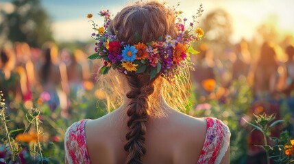 A woman wearing a flower wreath, captured from the back, embracing the beauty a summer solstice celebration.