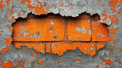 Fototapeta premium Orange brick wall, peeling paint, urban texture, background