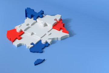France puzzle map forming french flag on blue background