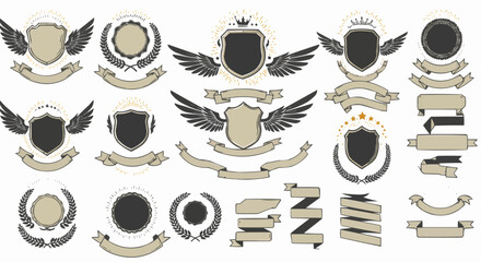 Laurel wreath , shield , wing , ribbon , and banners vector set . Laurel wreath s, shield s, wing s, ribbon s illustration for awards , heraldry , logos , badges , and branding designs