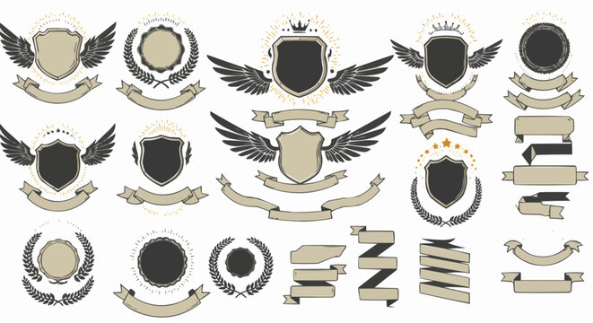 Laurel wreath , shield , wing , ribbon , and banners vector set . Laurel wreath s, shield s, wing s, ribbon s illustration for awards , heraldry , logos , badges , and branding designs