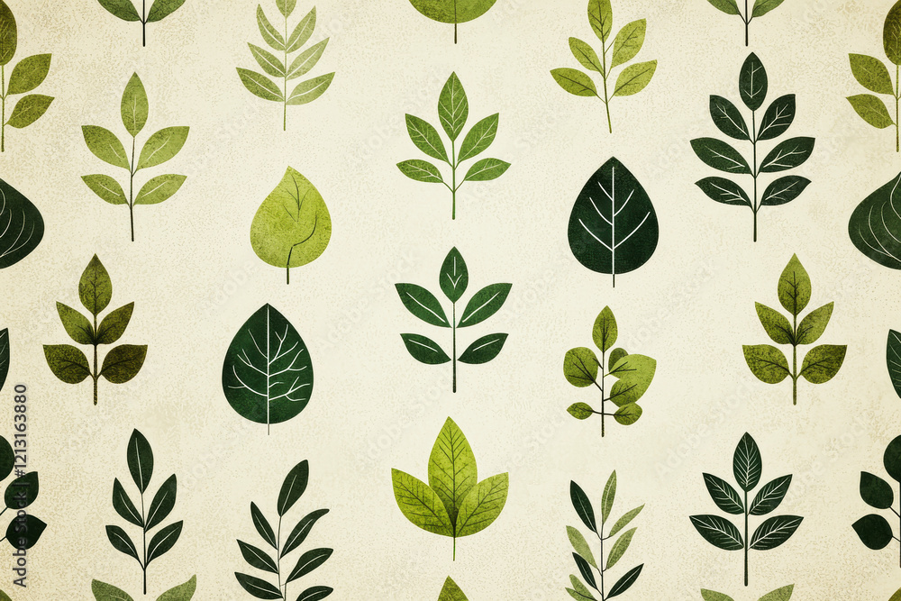 Poster symmetrical eco-friendly pattern with neatly arranged leafy icons in muted greens and olives on a li
