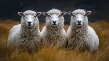 Fototapeta premium Three white sheep stand together in tall grass