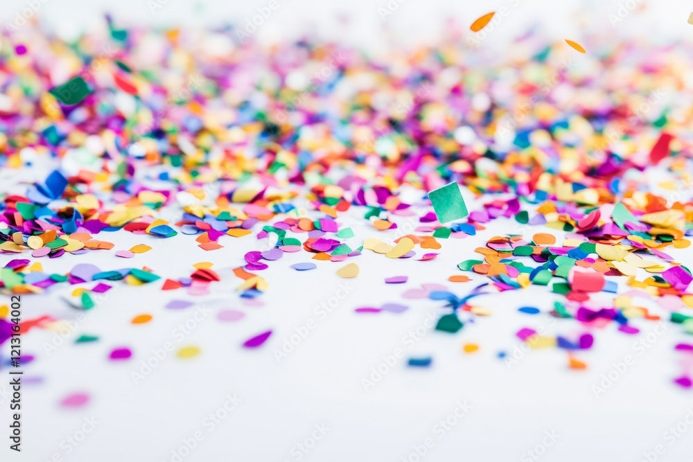 Poster brightly colored confetti in various shapes and sizes covers a pristine white surface, creating a fe