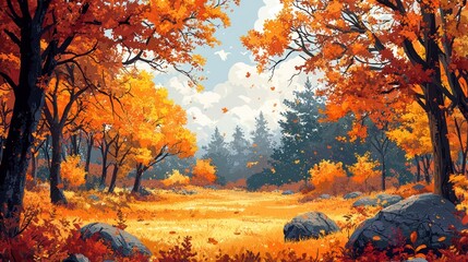 An autumn landscape with vibrant hues orange, yellow, and red.