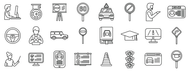 Driving school lessons icons set. Driving school icons depict learning process, from online theory tests and classroom lessons to practical driving and road signs