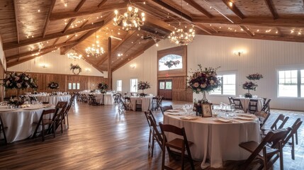 Obraz premium Elegant Event Space Featuring Wooden Floors, Chandeliers, and Round Tables Set for a Gathering