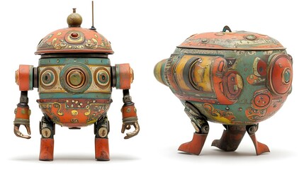 Vintage tin robot toy with intricate details on white background