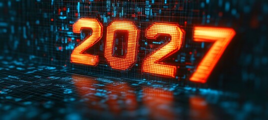 Glowing Digital Number 2027 in Retro Futuristic Style on Abstract Circuit Board Background