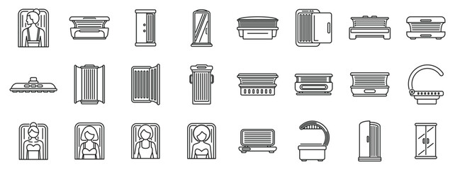 Woman solarium icons set. Set of simple icons of solarium equipment and women using tanning beds, booths and lamps for sunbathing
