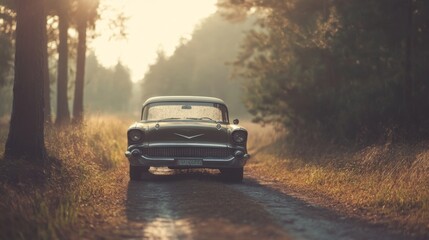 Classic car on a forest road at sunrise.