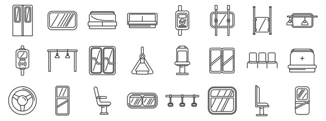 Bus interior icons set. Linear icons of public transport interior elements including seats, doors, windows, handrails, and other essential components