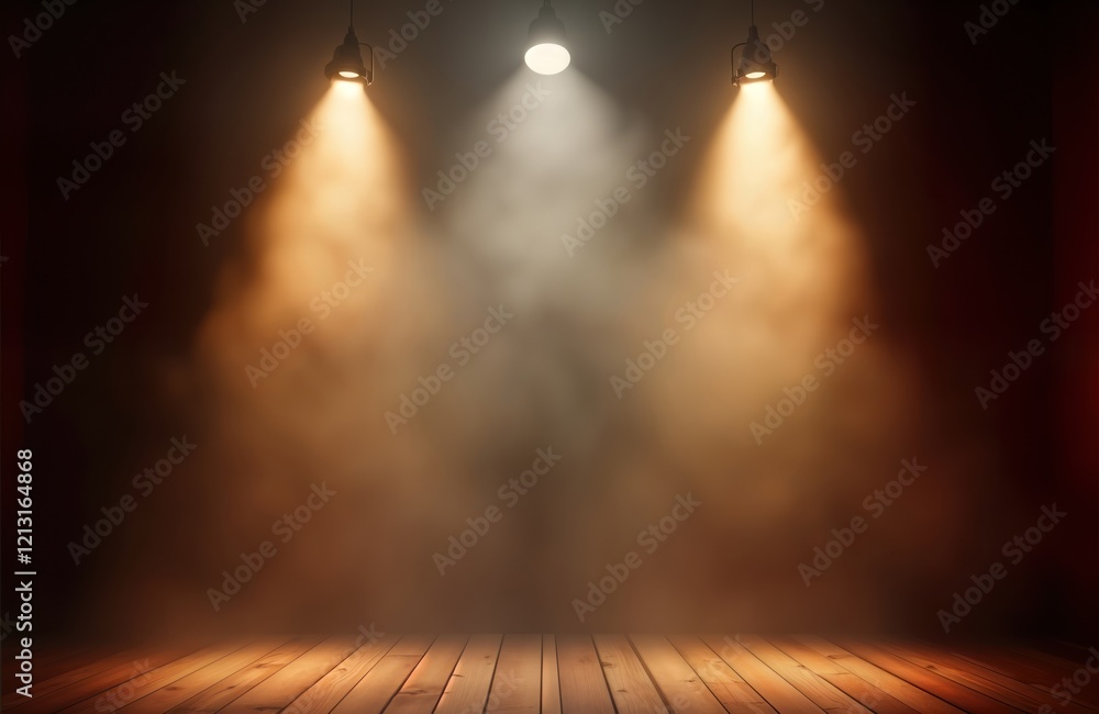 Aufkleber empty smoky room illuminated by spotlights. dramatic lighting creates a mysterious atmosphere. woode