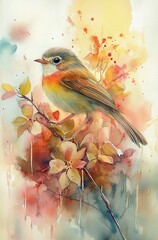 A beautiful watercolor painting of a bird perched on a branch