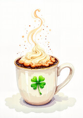 Steaming Irish coffee mug with whipped cream and clover, cozy indulgence