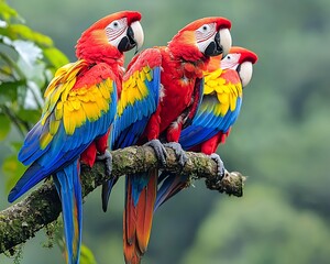 Obraz premium Three scarlet macaws perched on a branch.