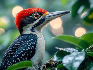 futuristic design featuring an ivory-billed woodpecker with sharp beak, abstract black-and-white feathers in a vibrant layout blending nature and creative innovation
