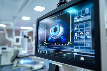 Obraz premium A monitor in a medical office displays a digital eye image with data overlays. Concept of advanced technology in ophthalmology. For eye health technology photo