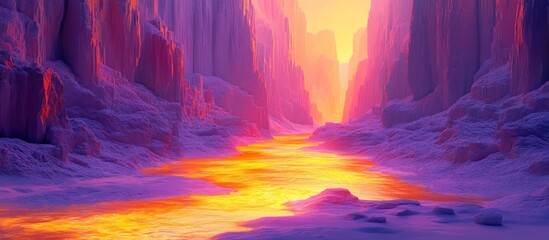 Breathtaking and otherworldly digital of a fantastical alien landscape featuring towering cliffs deep chasms and erupting volcanoes spewing glowing lava amidst a vibrant moody sky at sunset or dawn