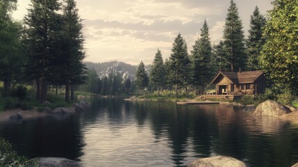 Fototapeta premium A peaceful lakeside retreat, with a rustic cabin nestled among tall pine trees and the lake reflecting the sky. 