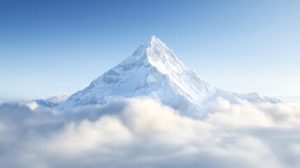 Snow-capped mountain peak rising above clouds in serene blue sky