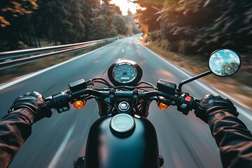 Naklejka premium Biker rides on road. First-person view.