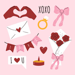 Valentine's day cute stickers. Scrapbooking romantic elements. Letter, hands, heart, ribbon, candle, ring, love message, bouquet.
