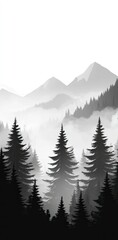 Fototapeta premium A black and white minimalist wallpaper of a foggy forest, with a foggy mountain and pine trees in the background