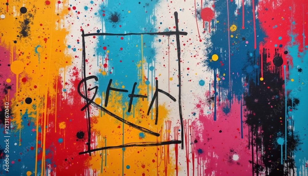 Poster vibrant colourful abstract wall art. graffiti style with various tags drawings, inscriptions. modern