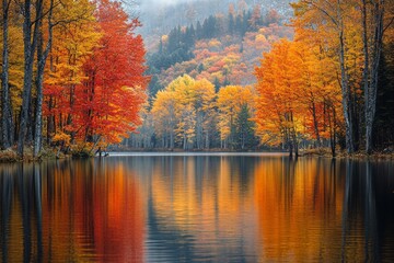 Fototapeta premium Vibrant autumn forest reflected in tranquil lake