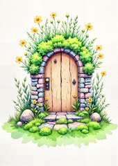 Whimsical fairy door surrounded by flowers and greenery, magical charm