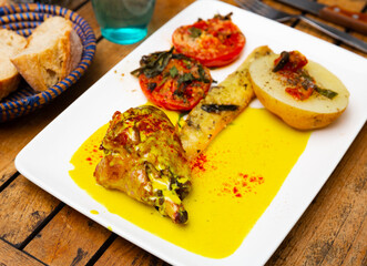 Tasty turkey on sauce mango served with sun-dried tomatoes and potatoes