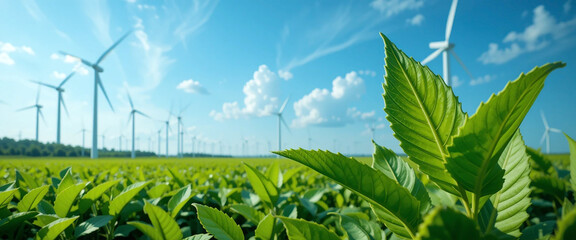 wide landscape view of wind mills through plant bush leaves and blue open sky with white clouds in day time 