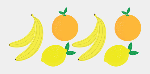 Fruit pattern on grey background: bananas lemons oranges, set of hand drawn fruits