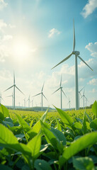 portrait energy banner background with wind mills in a green field 