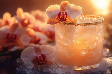 luxurious tropical cocktail with crystalline crushed ice fresh coconut cream and rum garnished with orchid flowers and goldrimmed paper parasol backlit by warm sunset glow