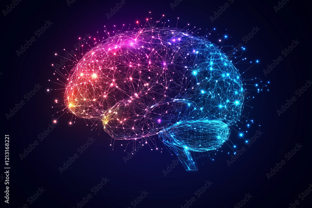 Poster glowing brain made of colorful interconnected lines and nodes, symbolizing intelligence and creativi