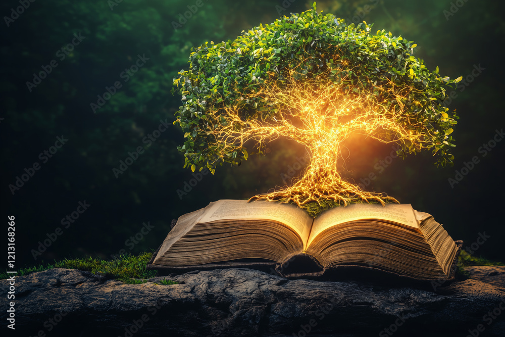 Poster glowing tree of knowledge emerges from open book, symbolizing wisdom and growth in serene forest set