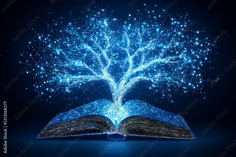 Poster glowing tree of knowledge emerges from open book, symbolizing wisdom and creativity. vibrant blue li