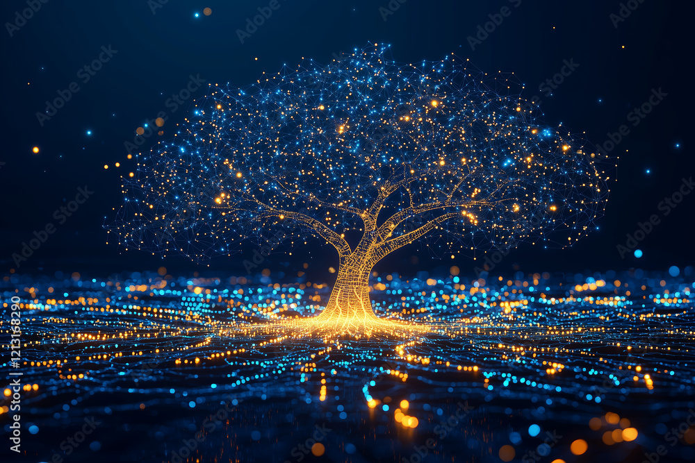 Poster glowing tree of knowledge with luminous branches and vibrant lights, symbolizing growth and connecti