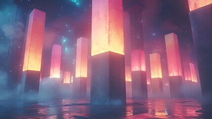 A futuristic grid with glowing nodes pulsating in vibrant neon colors.