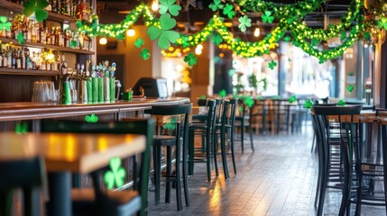 St. Patrick's Day Pub: Festive atmosphere of an Irish pub decorated for St. Patrick's Day. Green shamrocks adorn the bar and tables, creating a cheerful ambiance.
