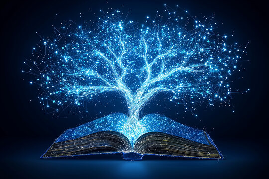 glowing tree of knowledge emerges from open book, symbolizing wisdom and creativity. vibrant blue light and intricate branches create captivating visual
