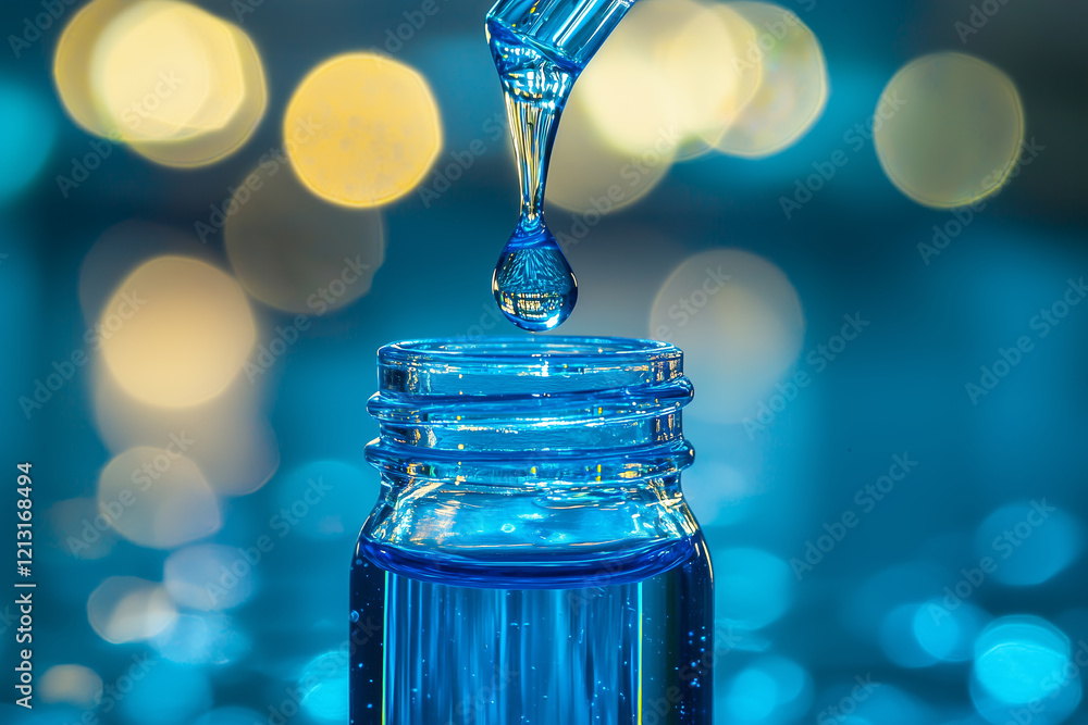 Poster close up of blue glass jar with droplet of liquid falling from pipette, creating serene and captivat
