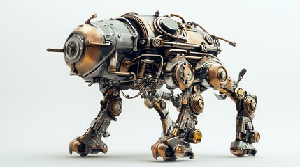 Vintage robot toy with unique metallic details on white background