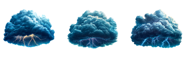 Set of dark rainy stormy cloud with lightning and rain isolated on transparent background 