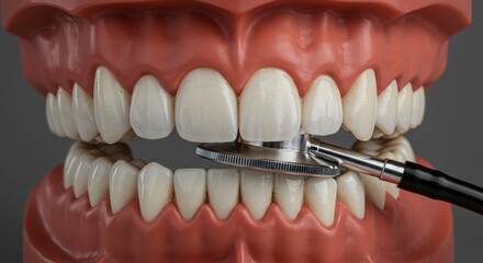 Obraz premium Close-Up of Dental Examination Model with Stethoscope Realistic Dental Health Education Tool on Grey Background.