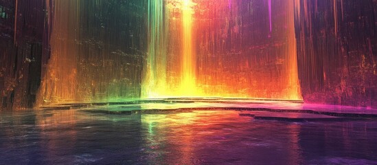 Mesmerizing Futuristic Tunnel of Luminous Prismatic Liquid Energy in Captivating Digital Visualization  This abstract and surreal scene features a dynamic glowing corridor with a vibrant