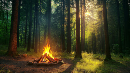 Golden sunlight streaming through woodland, casting glow on crackling campfire amid peaceful forest setting